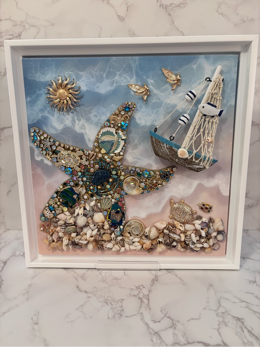 Beaded Starfish Nautical Wall Art - Blue & Pink